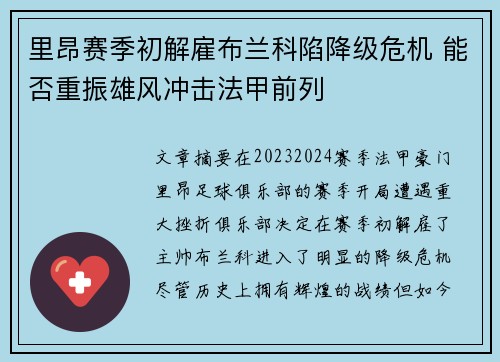 里昂赛季初解雇布兰科陷降级危机 能否重振雄风冲击法甲前列 里昂赛季初解雇布兰科陷降级危机 能否重振雄风冲击法甲前列